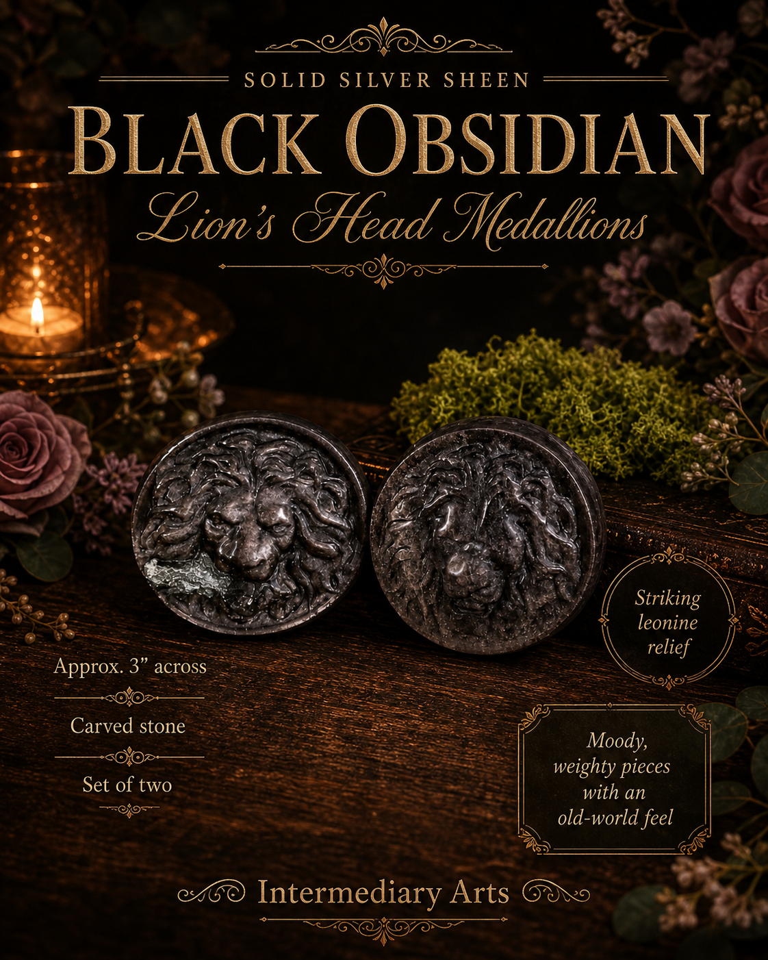 Silver Sheen Black Obsidian Lion's Head Medallion