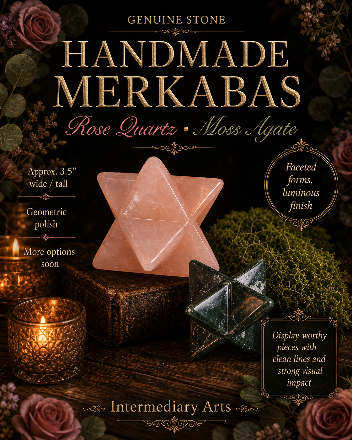 Handmade Stone Merkabas in Rose Quartz and Moss Agate