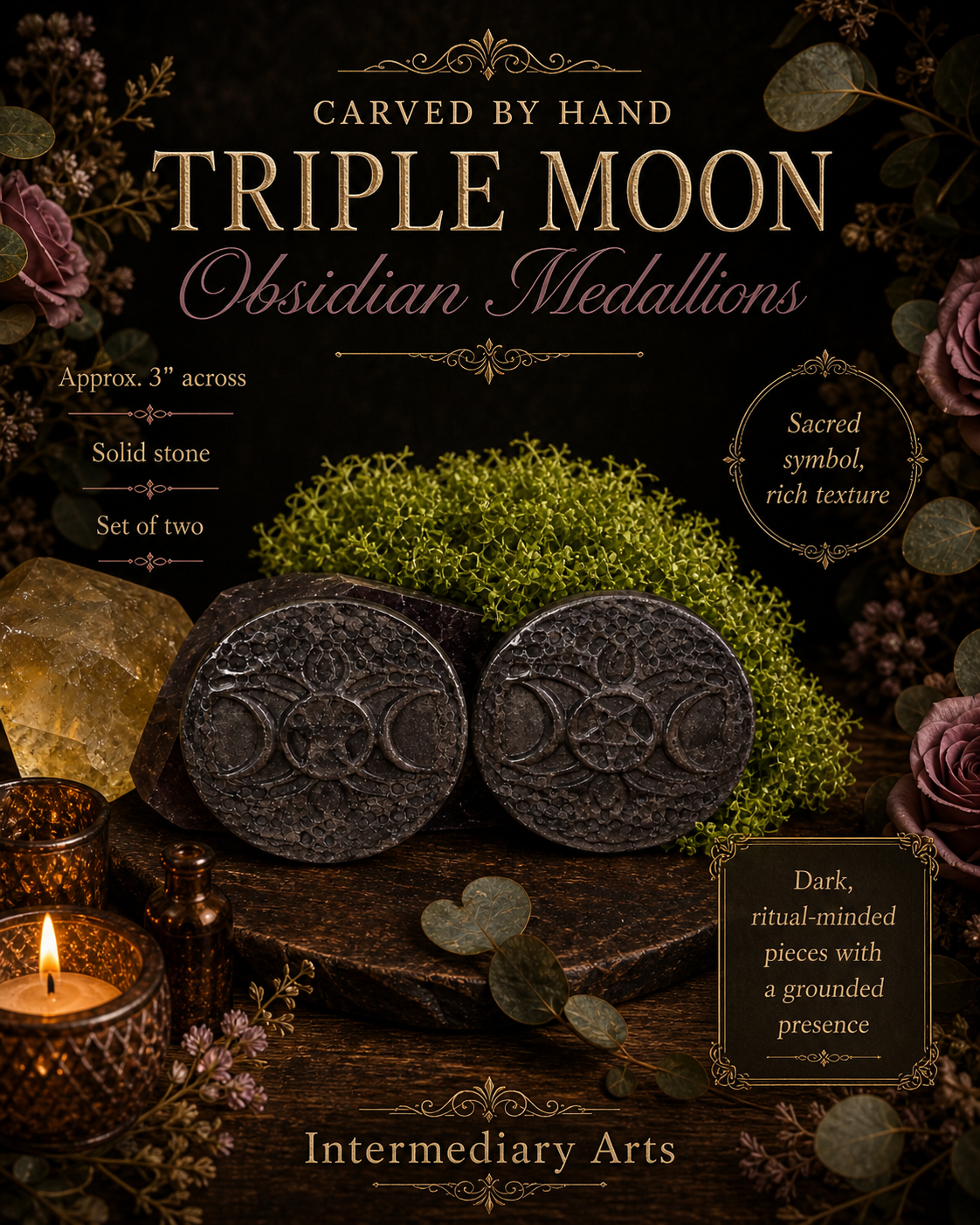 Triple Moon Silver Sheen Obsidian Medallion
