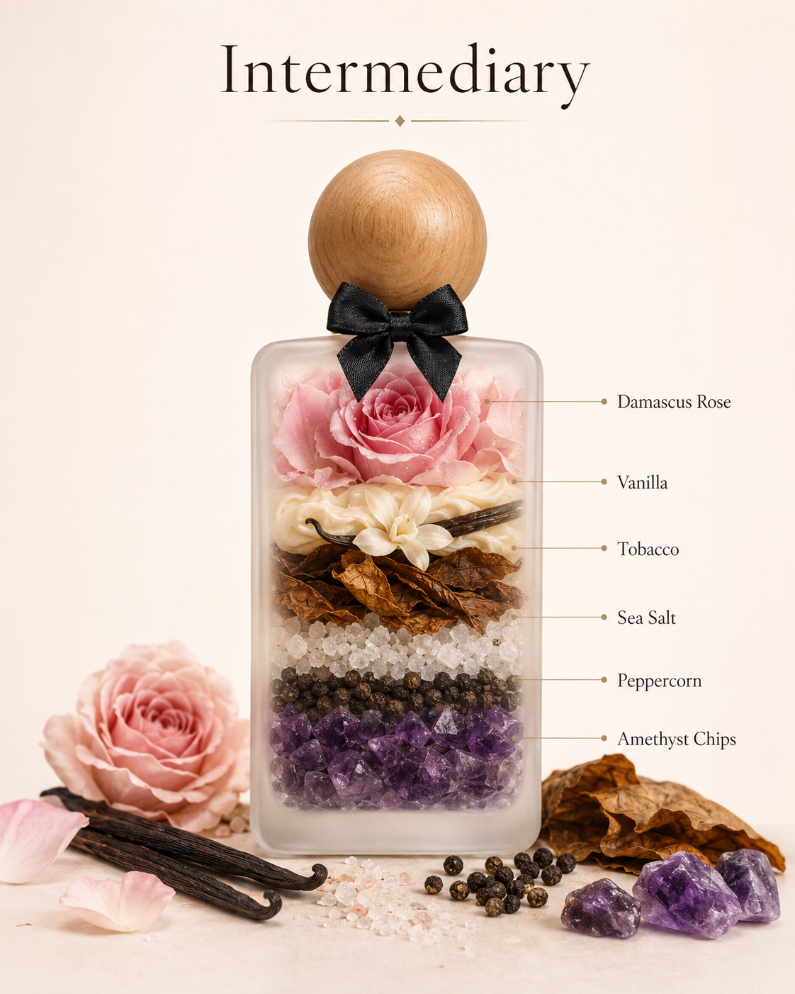Intermediary- what fills the bottle: Damascus rose, vanilla, tobacco, sea salt, peppercorn, amethyst chips