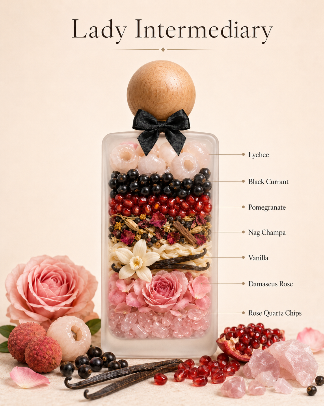 Lady Intermediary- what fills the bottle: lychee, black currant, pomegranate, nag champa, vanilla, Damascus rose, rose quartz chips