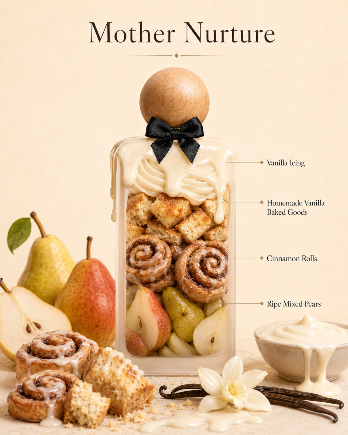 Mother Nurture- what fills the bottle: vanilla icing, homemade vanilla baked goods, cinnamon rolls, ripe mixed pears