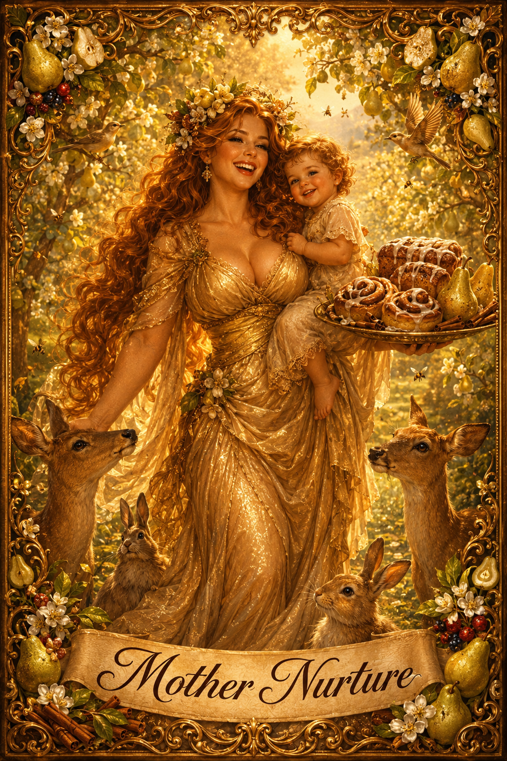 Mother Nurture- character card, the golden goddess with her orchard court
