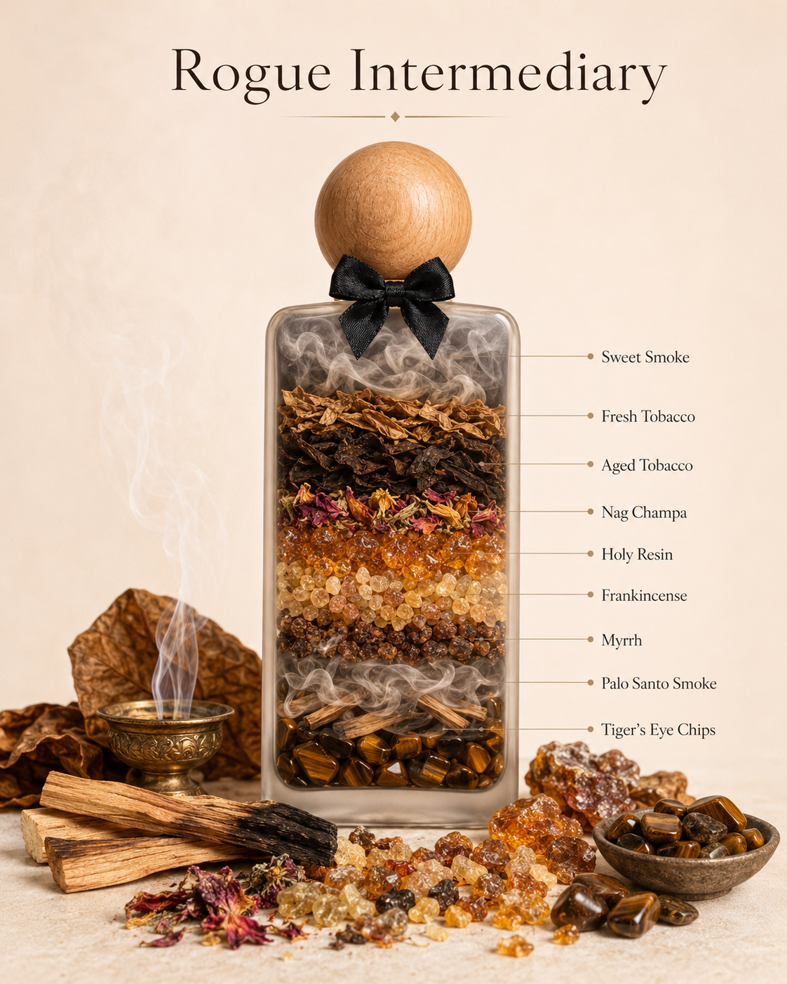 Rogue Intermediary- what fills the bottle: sweet smoke, tobacco, nag champa, holy resin, frankincense, myrrh, palo santo, tiger's eye chips