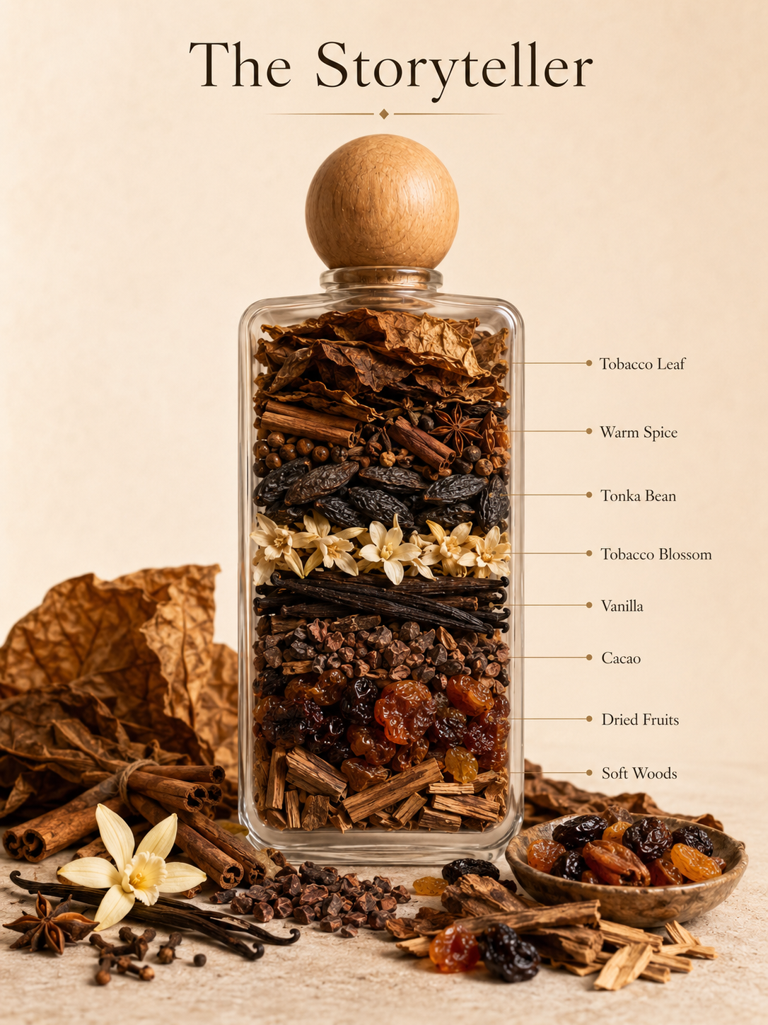 The Storyteller- what fills the bottle: tobacco leaf, warm spice, tonka bean, tobacco blossom, vanilla, cacao, dried fruits, soft woods