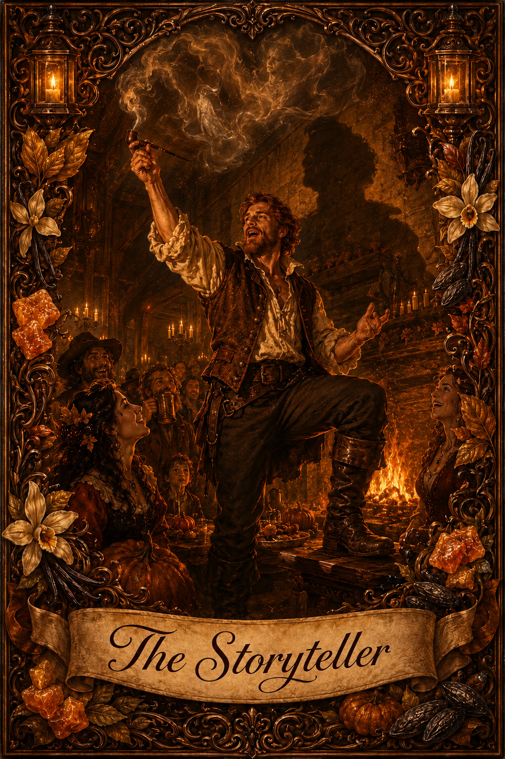 The Storyteller- character card, the teller mid-tale above his firelit crowd