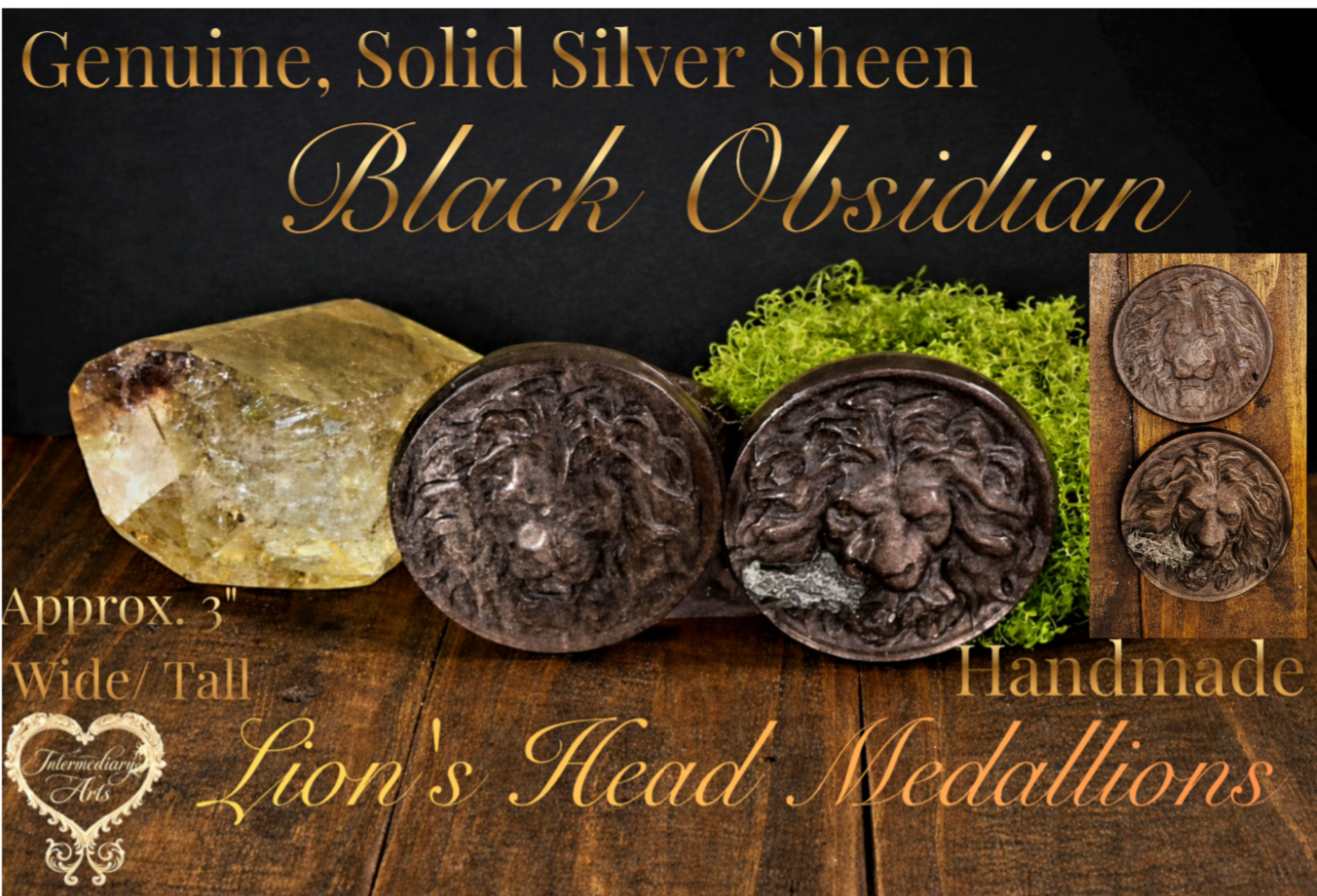 Silver Sheen Black Obsidian Lion's Head Medallion