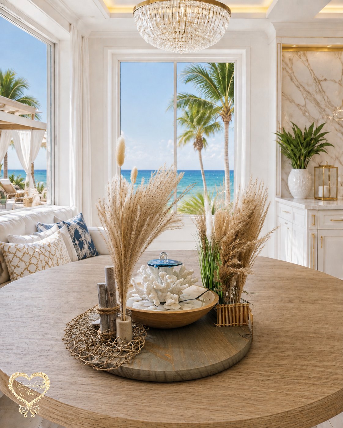 Blue Agate Coastal Tabletop Fountain on a round wood table by an ocean window