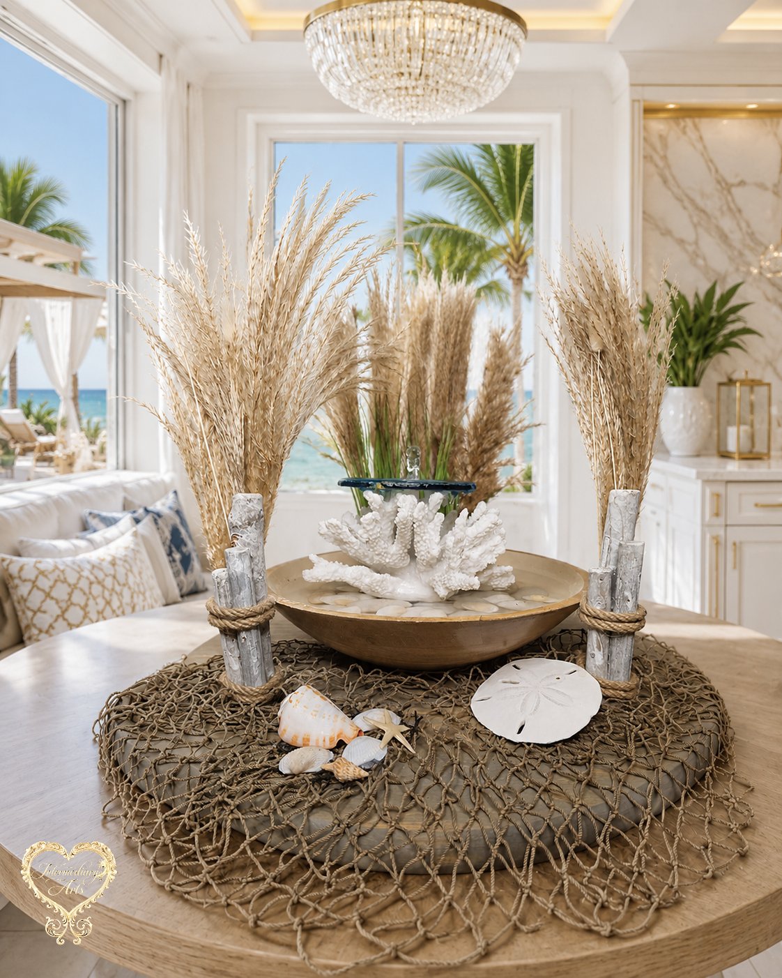 The fountain styled in a coastal room with driftwood posts wrapped in rope, a fishermen's net, shells, a starfish, and a sand dollar