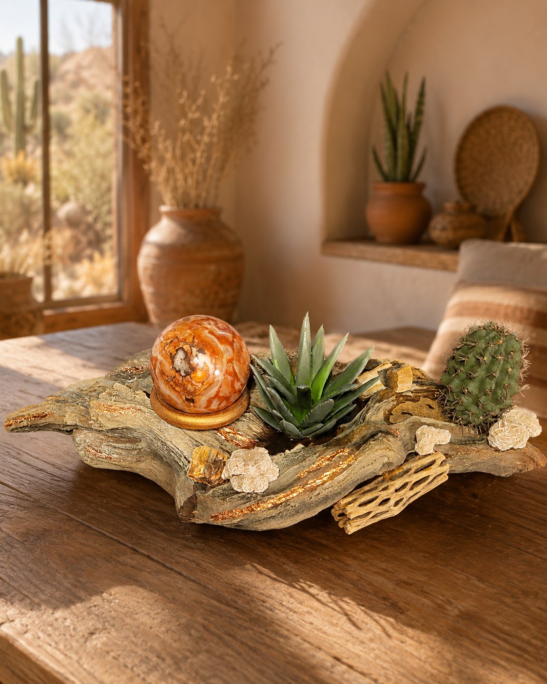Carnelian Sphere Desert Driftwood Centerpiece- a carnelian sphere, faux agave, and cactus set into a handcrafted driftwood-style base