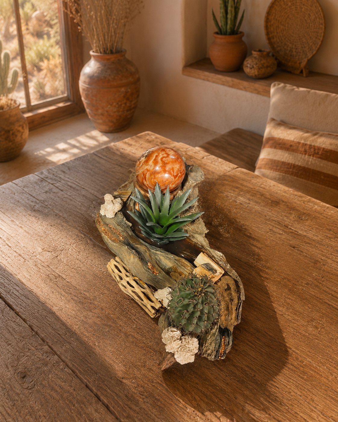Top-down view of the centerpiece showing the carnelian sphere, agave, cholla wood, and desert rose stones