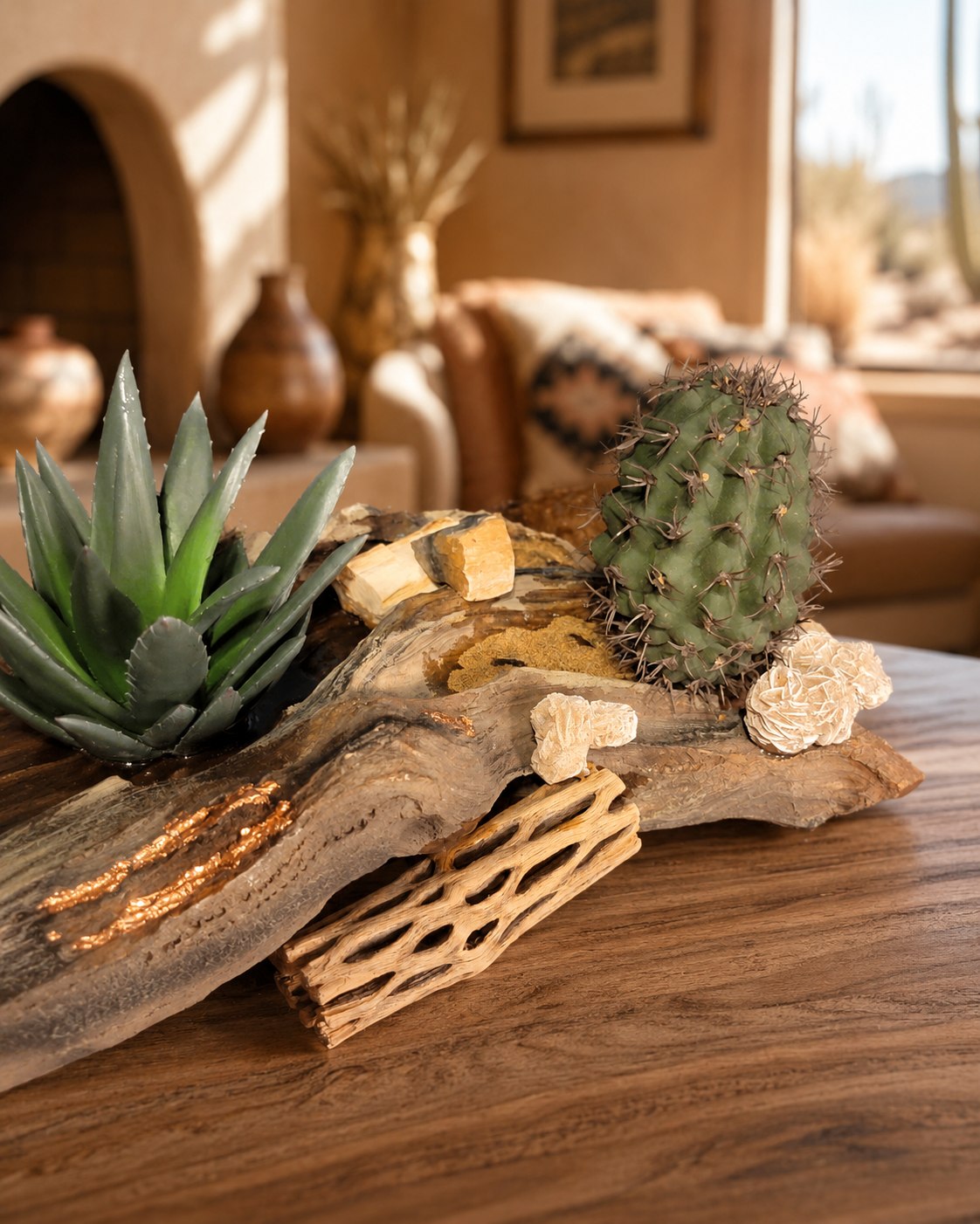 Close detail of the desert rose stones, cholla wood, and real copper veining in the driftwood base