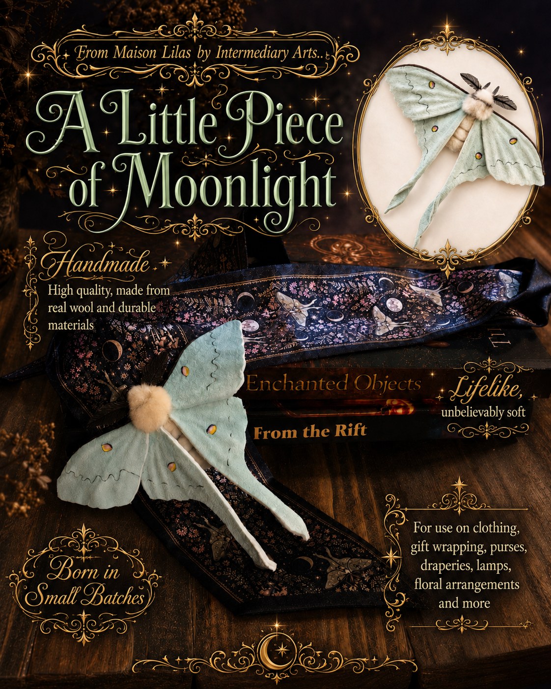 A Little Piece of Moonlight- the Maison Lilas handmade wool luna moth resting on the illustrated twilly among old books
