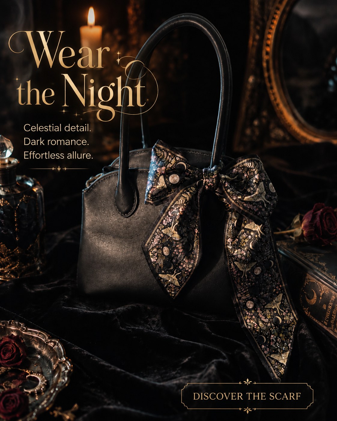 The Maison Lilas silk-blend twilly tied in a bow on a dark leather handbag by candlelight