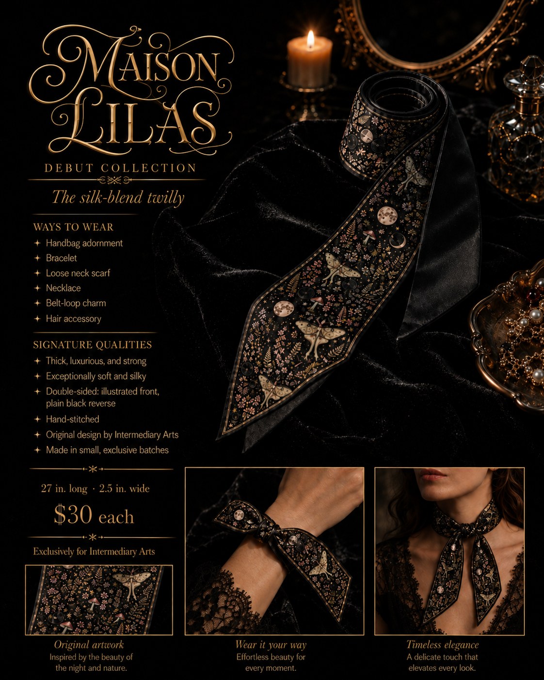 Maison Lilas debut collection sheet- ways to wear the silk-blend twilly, signature qualities, 27 inches long by 2.5 inches wide
