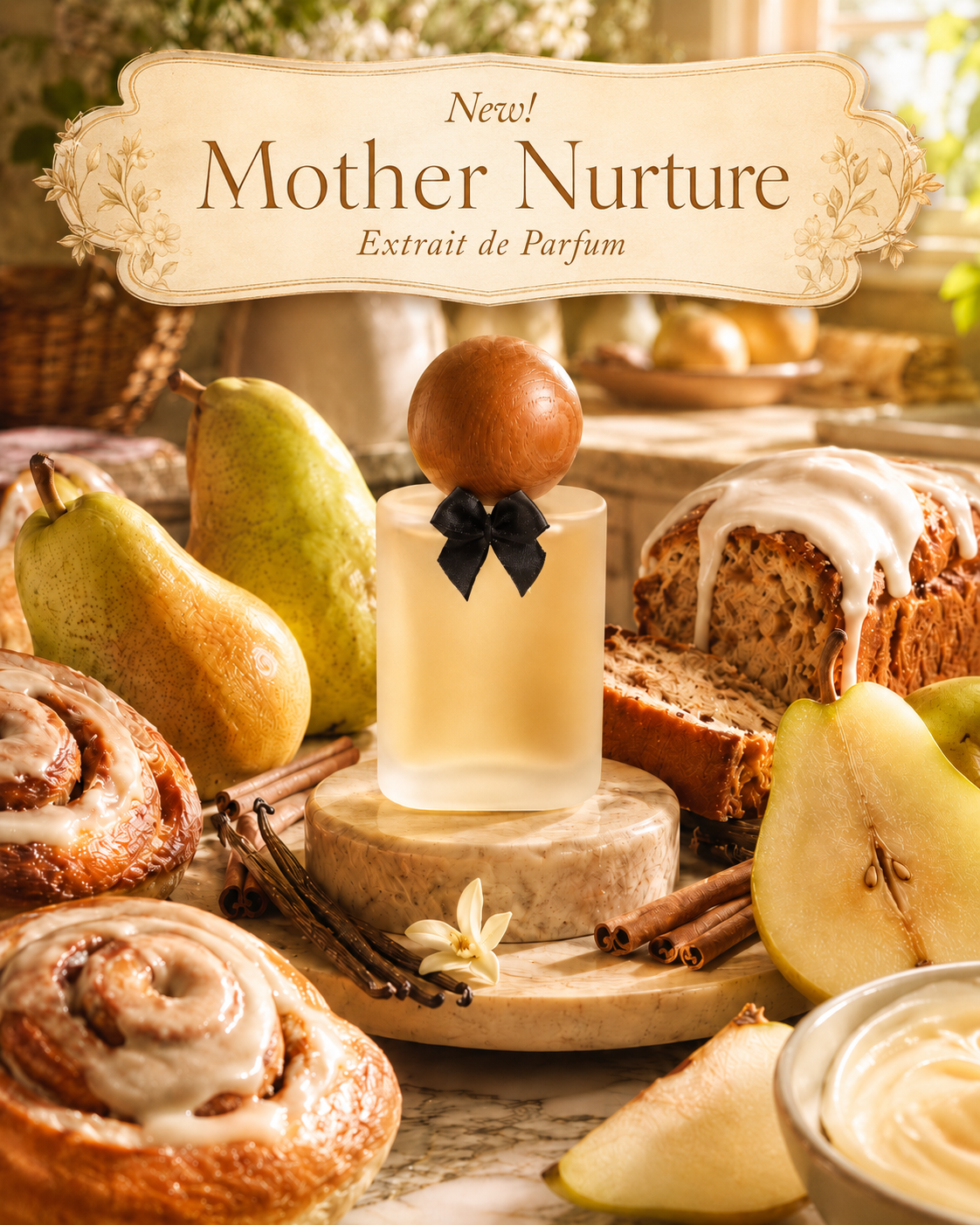 Mother Nurture Extrait de Parfum- the bottle among pears, cinnamon rolls, and vanilla