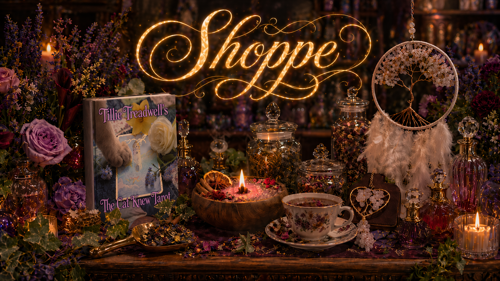The Shoppe- a candlelit still life of books, potions, tea and curios